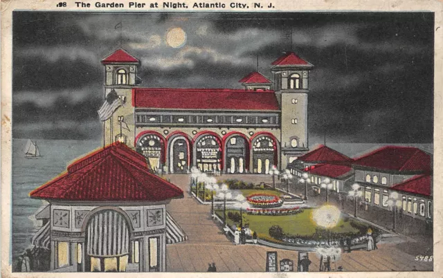 Atlantic City New Jersey 1920s Postcard The Garden Pier at Night