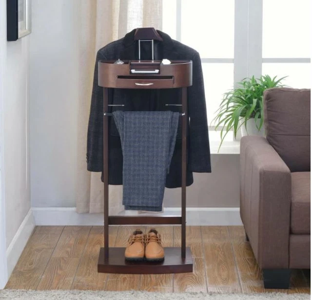MENS SUIT STAND Valet Wardrobe Clothes Rack Wood Walnut Storage Drawer