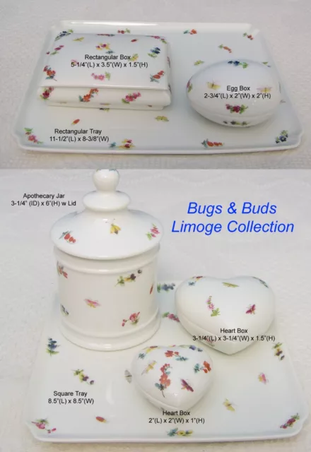 French Limoge "Bugs & Buds" Tray Apothecary Jar Jewelry Heart Egg Trinket Box