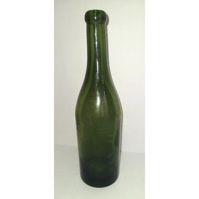 Antique Blob Top Green Glass Bottle Turn Mold Straw Marks 9.5" Tall