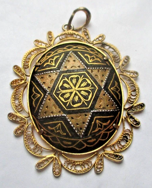 Pendentif Vintage Or De Tolède Damassé Motif Floral Et Oiseau - Occasion