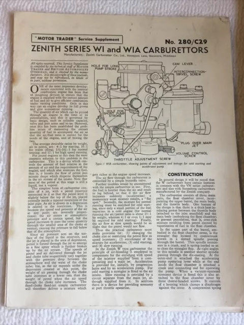 Zenith WI & WIA Carburettors 1957 Motor Trader Service Supplement 280/C29