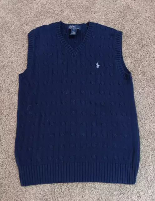 Polo Ralph Lauren Boys Sweater Vest Size M  MEDIUM  Navy Blue Cable Knit Cotton