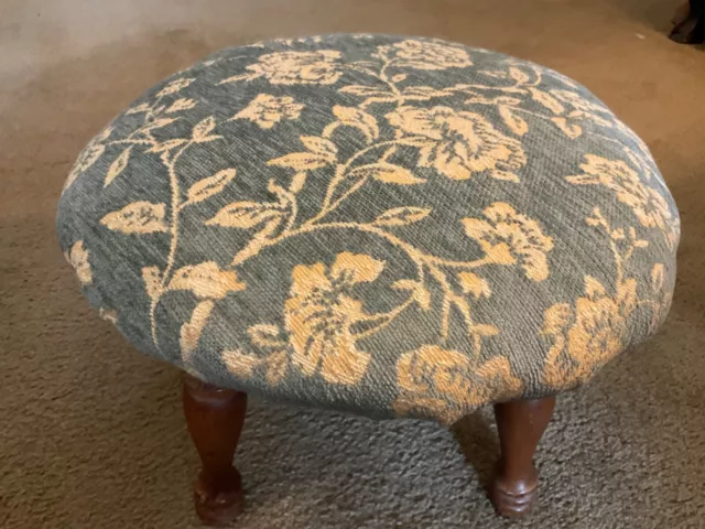 Vintage Round Padded Upholstered Blue & Beige Floral Wood Legs Foot Stool 13”