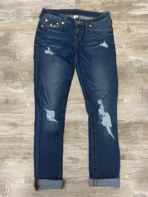 True Religion Skinny Jeans Flap Pockets Cuffed Distressed Women’s Junior’s Sz 27