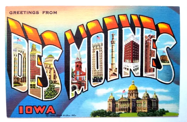 Greetings From Des Moines Iowa Large Letter Postcard Linen Curt Teich Unused