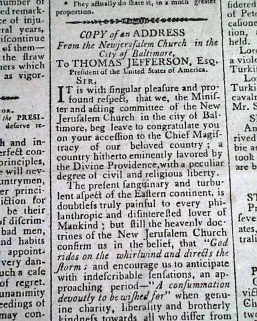 THOMAS JEFFERSON New Jerusalem Church of Baltimore Response Ltr. 1801 Newspaper