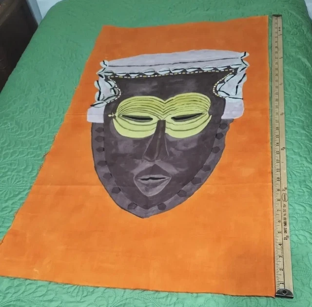African Art Batik Painting on Cotton Fabric  Tribal Mask Large 36 x 22 inch