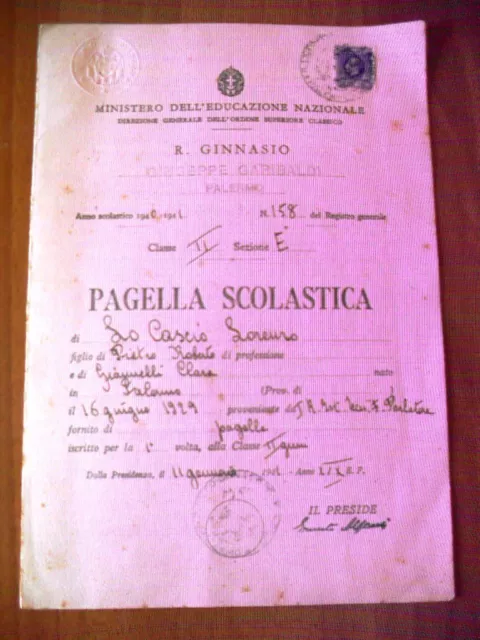 Pagella scolastica 1940-41 Regio Ginnasio Giuseppe Garibaldi - Palermo