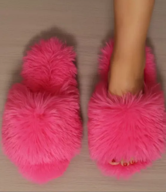 Womens ladies flat fluffy fur indoor sliders sandals peep toe slippers Pink