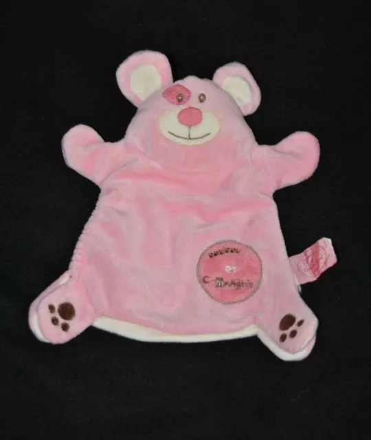 Peluche doudou marionnette chien DOUDOU ET COMPAGNIE rose crème empreintes TTBE