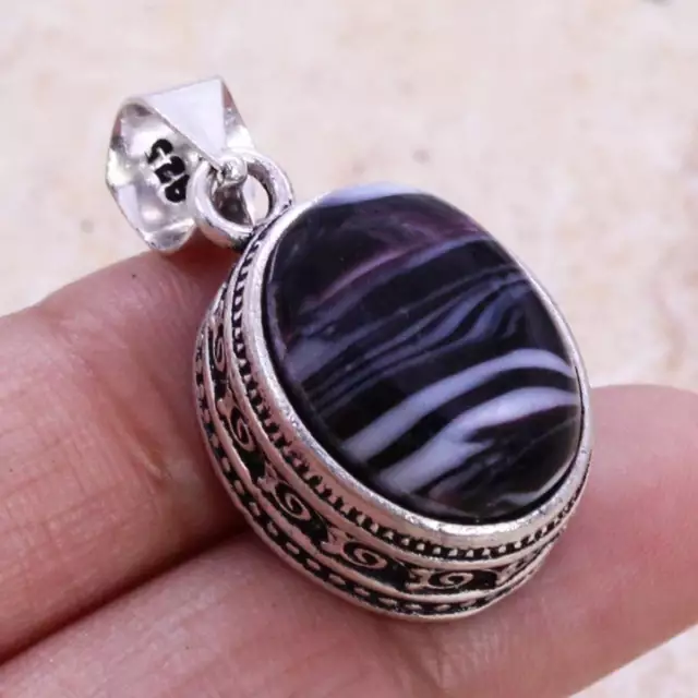 Stripped Onyx Art Piece 925 Silver Plated Pendant of 1.4"