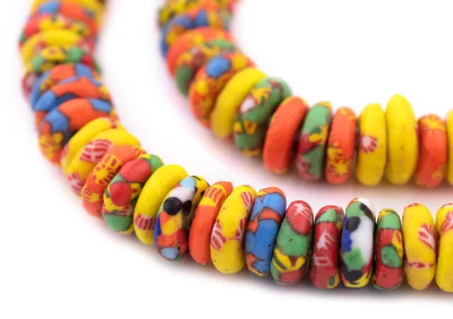 Accra Medley Fused Rondelle Recycled Glass Beads 12mm Ghana African Multicolor