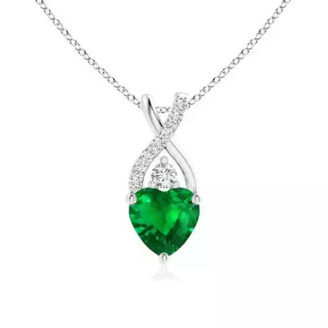 ANGARA 6mm Natural Emerald Solitaire Pendant with Diamond in Silver for Women