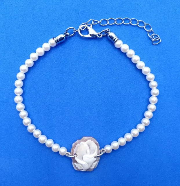 Bracciale In Acciaio Inossidabile Con Cammeo E Perle Oceaniche , Bracciale Fiore