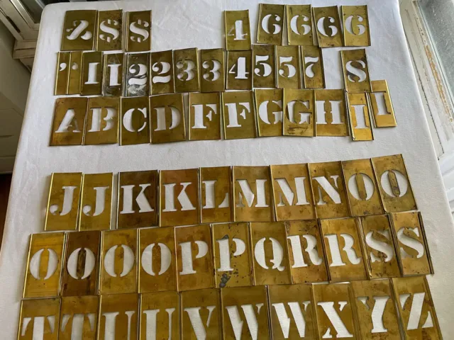 Vintage Brass 4" 64 Interlocking Stencils Letters and Numbers Complete Set