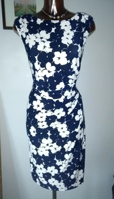 PHASE EIGHT NAVY blue white floral bodycon wiggle dress size 16
