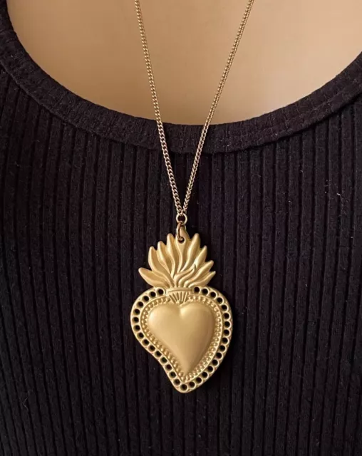 Sacred Heart Necklace Large Matte Ex Voto Flaming Heart Milagro Pendant Talisman