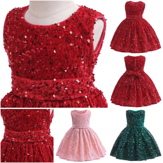 Girls Sequin Dress Party Solid Toddler Baby Princess Dresses Formal Wedding Gown
