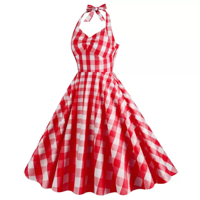 Womens 1950s Retro Rockabilly Princess Cosplay Dress Plaid Halter Party Dresses 3