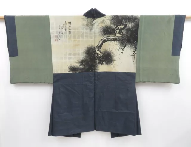 3501T06z430 Vintage Japanese Kimono Silk Men's HAORI Pine Blue-Gray