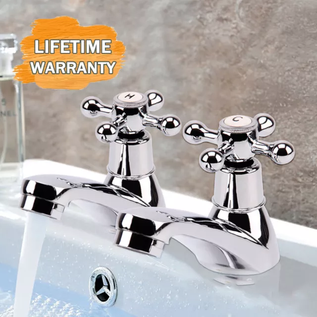 2X Taps Twin Hot and Cold Pair Tap Traditional Bath Bathroom Basin & Sink Chrome