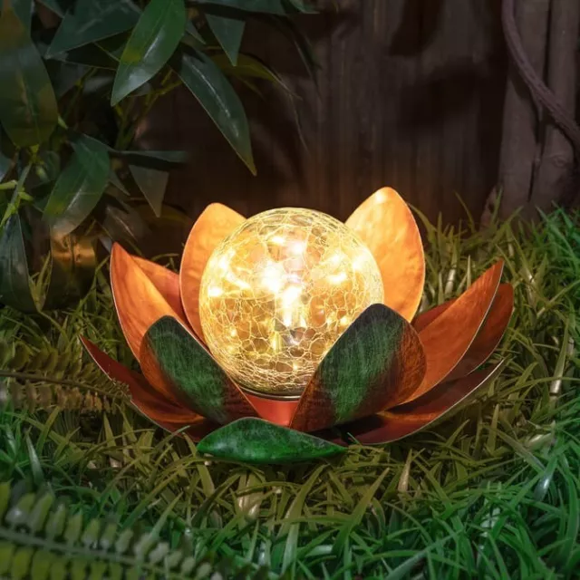 Solar Metal Lotus LED With Crackle Ball Light Garden Patio Dining Table Decor