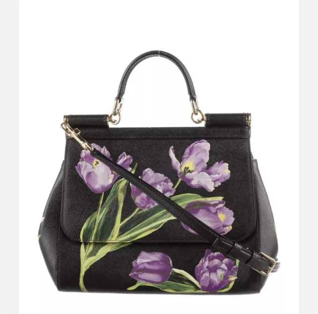 Dolce & Gabbana Black Tulip Print Leather Medium Miss Sicily Handbag /Crossbody