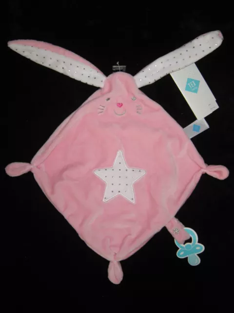 Doudou plat Lapin rose et blanc étoiles grises attache tétine Tex Baby Carrefour