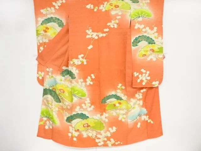 84953# Japanese Kimono / Antique Furisode / Embroidery / Pine & Ume With Flo