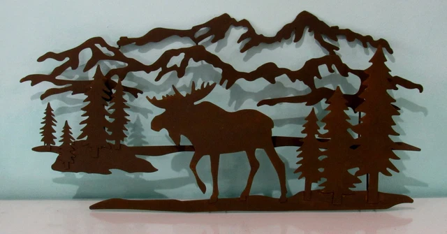 Cowboy Western Metal Wall Decor Moose Pine Tree Mountain 24"x11x2" ~3-D Cut-Work