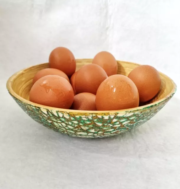 Wood Turned Bowl Serving Inlaid Eggshell Lacquer Thailand Handmade Vintage 8"