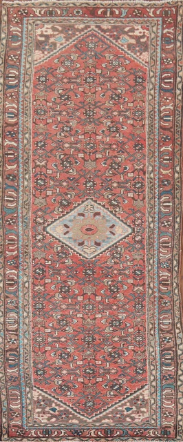 Alfombra de Corredor Tradicional Hamedan Geométrica De Colección 4x10 Lana Anudada a Mano