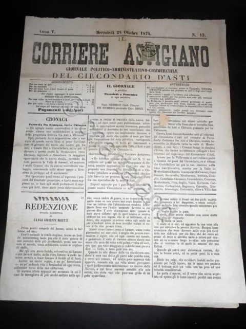 Storia Locale Asti - Giornale Il Corriere Astigiano - n. 13 / 1874