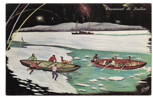 CANOE RACE Pioneers  Carnaval de Quebec Winter Carnival Canada Postcard DOURIN