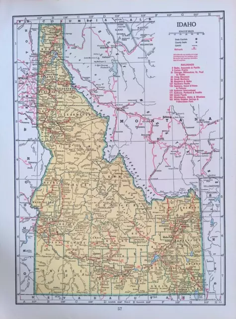 1945 Two-Sided Color Railroad Map Idaho/Illinois Hammond 9.25x12.25"