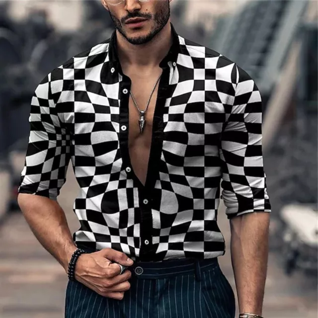 Modish Herren elegant schmale Passform Shirt 3D-Druck langärmelig Vintage T-Kle 2