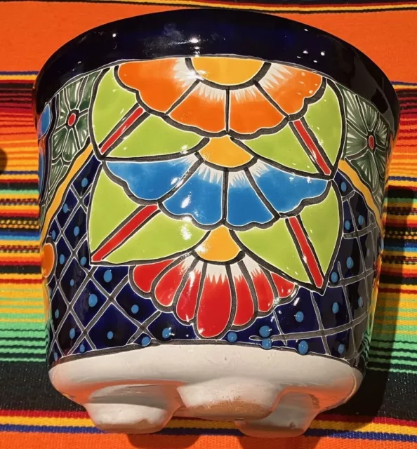 Mexican Ceramic Flower Pot Planter Folk Art Pottery Handmade Talavera Size 9"