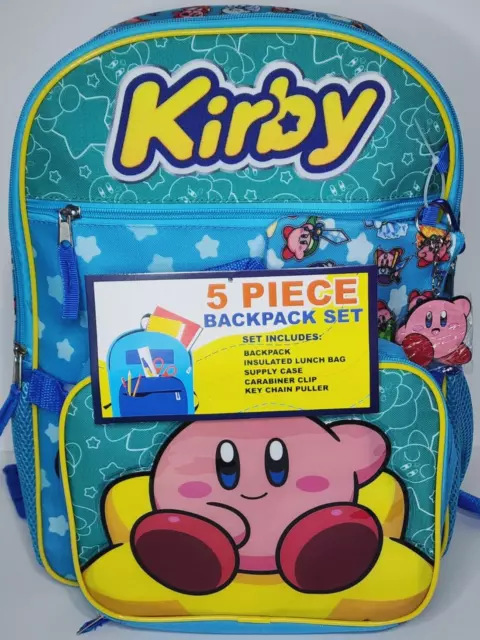 Kirby 5-Piece Set: 16 Backpack, Lunchbox, Utility Case, Rubber Keychain,  and Carabiner 