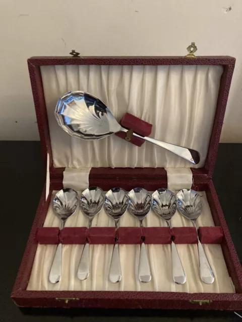 BOXED Desert Serving Spoon And 6 Spoons In Marked CHROME PLATED  Good Condition
