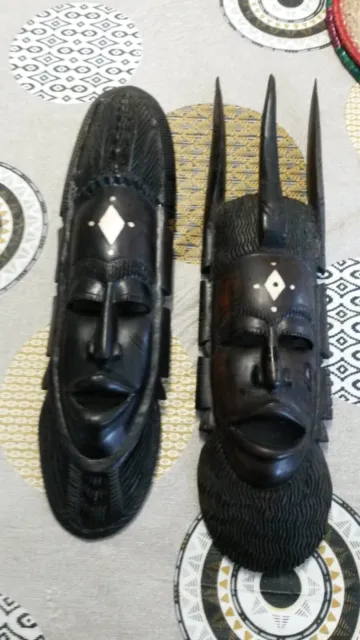 Belle Paire De Grands Masques Africains En Ebene Cote D'ivoire