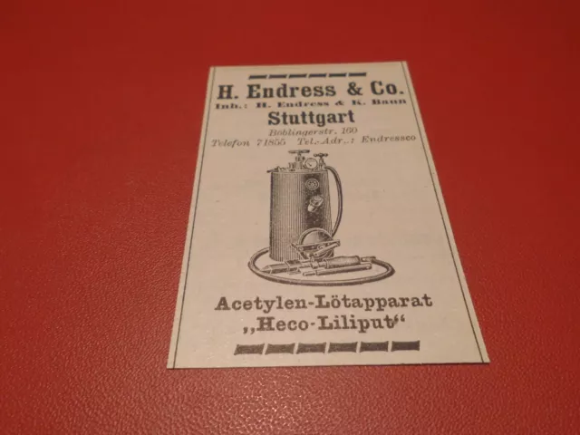 H. Endress & Co. Stuttgart,Acetylen-Lötapparat Heco-Liliput :Werbeanzeige 1929