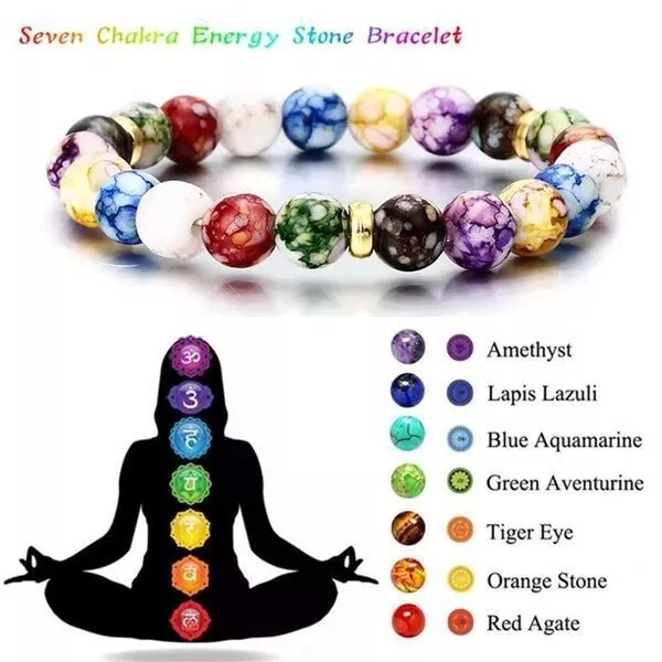 Natural Stone 7 Chakra Healing Balance Beaded Lava Bracelet Yoga Reiki Prayer