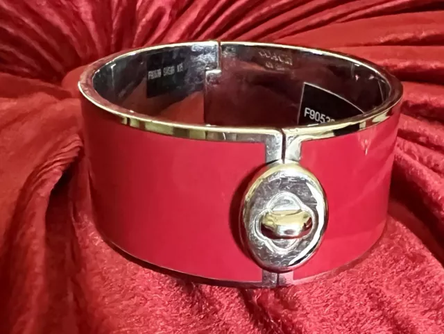 Coach 1 inch Red Enamel   Silver Plated Hinged Turnlock bracelet