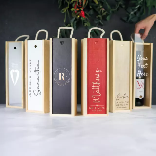 Caja de regalo de vino de madera grabada personalizada cumpleaños/boda/cualquier texto