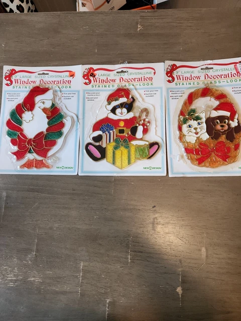 Vintage Crystalline Window Decoration Stained Glass Look Christmas Lot Of 3