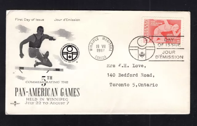 Canada #472 (1967 Pan American Games) Rosecraft cachet FDC addressed - typed