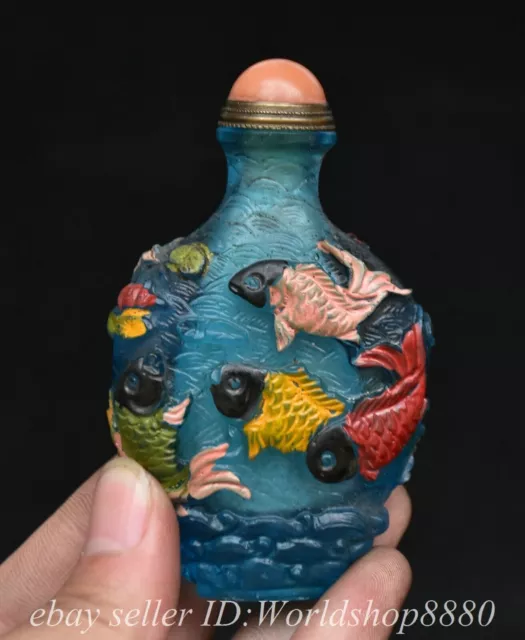 3.2" Old Chinese Coloured glaze Painting Fish Snuff box Snuff bottle