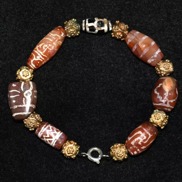 Genuine Ancient Etched Carnelian & Etched Agate Dzi longevity Bead Bracelet