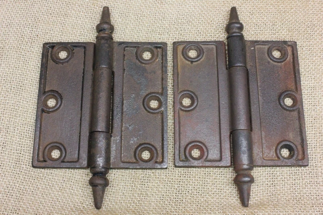 2 Old Door Hinges 3 1/2 X 3 1/2" Plain Steeple Pins 1800’s Vintage Cast Iron